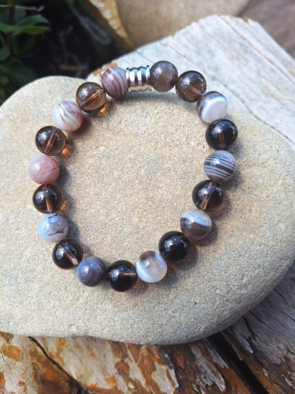 Bracelet Agate Botswana et Quartz fumé