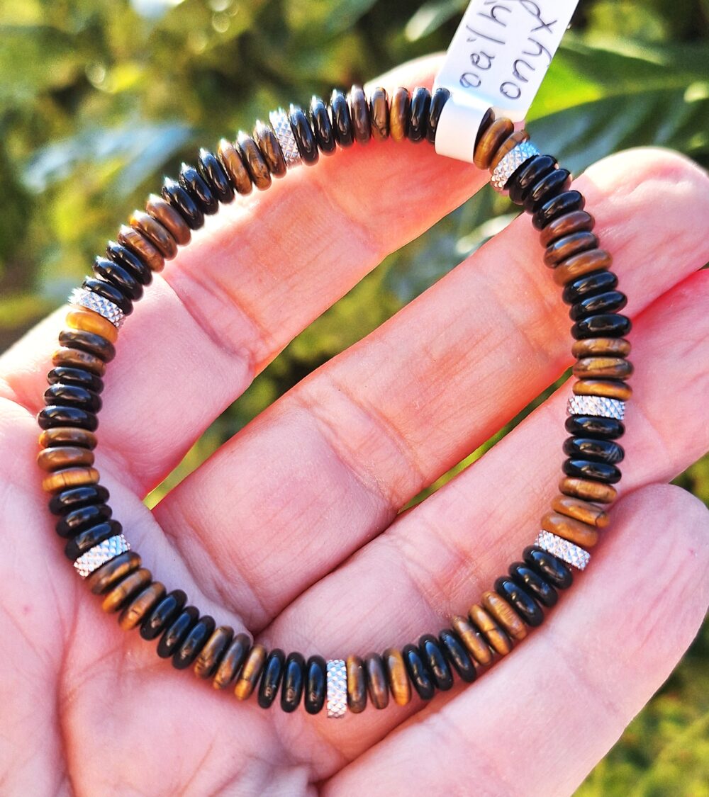 Bracelet Œil de Tigre et Onyx noir forme rondelles